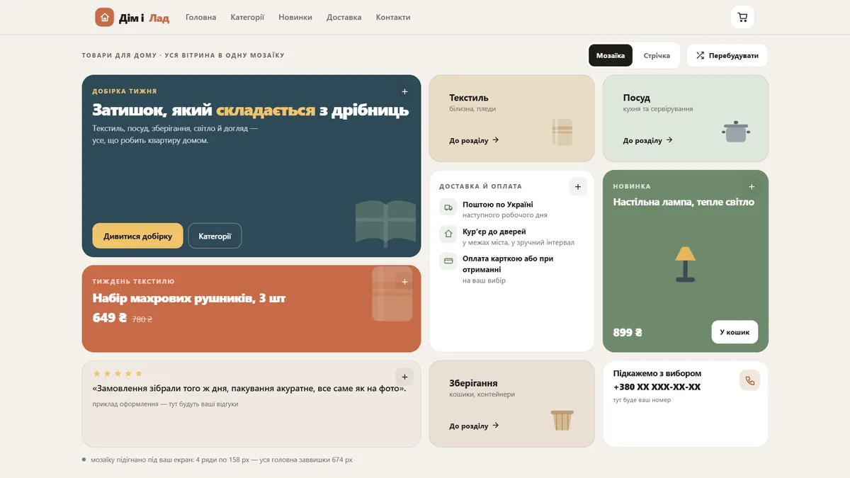Превʼю шаблона «Бенто» — товари для дому