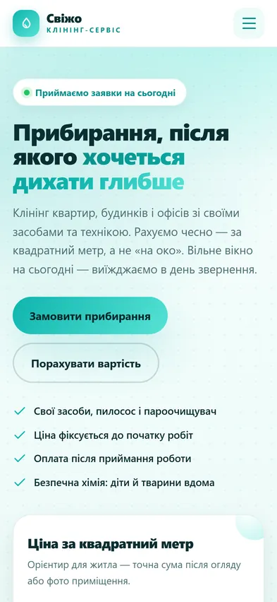 Головна шаблона «Ціна за площею» на телефоні — клінінг